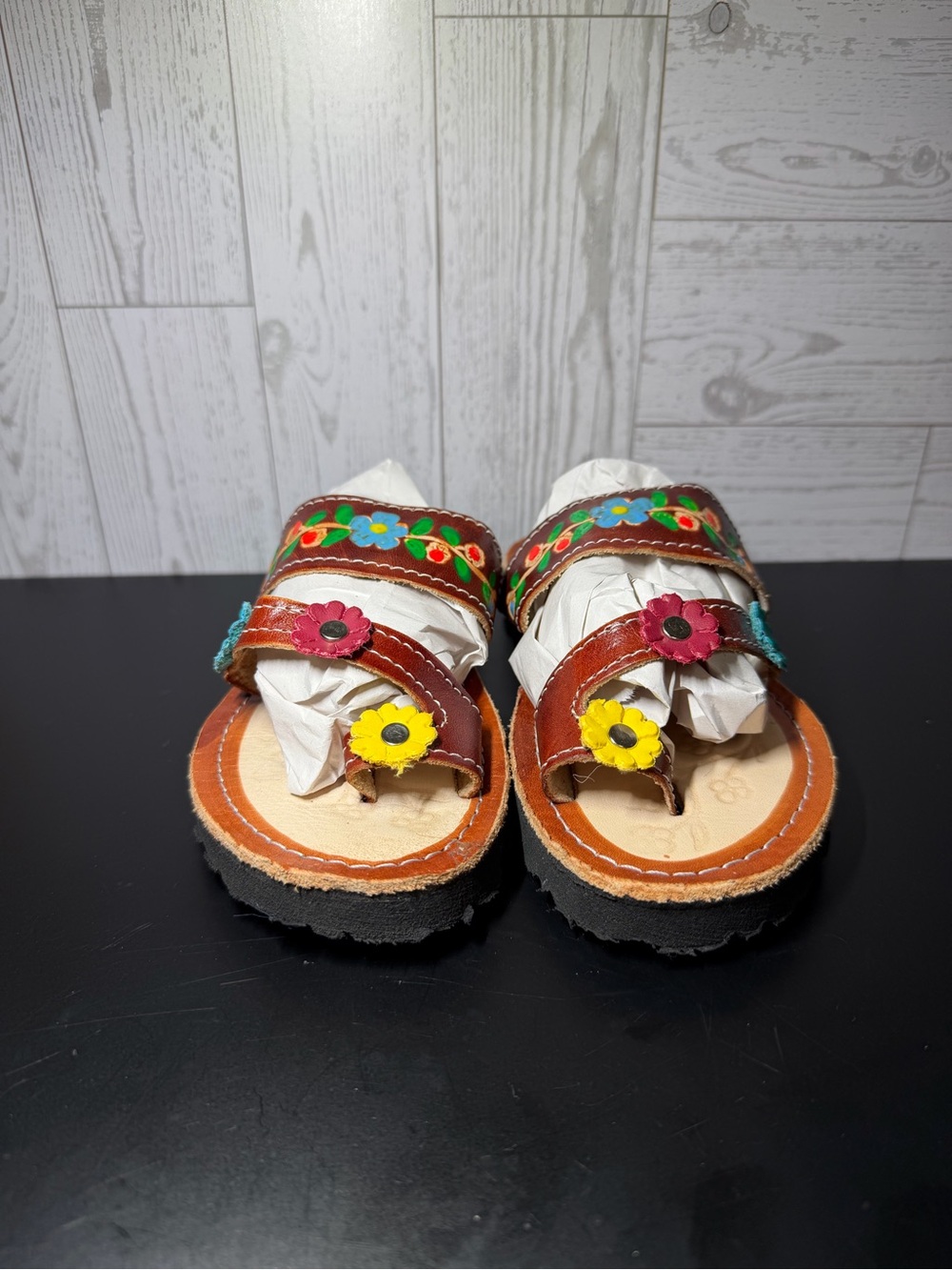 Kids Brown Leather Floral Sandals Size 8 Hand Painted Boho Slip On